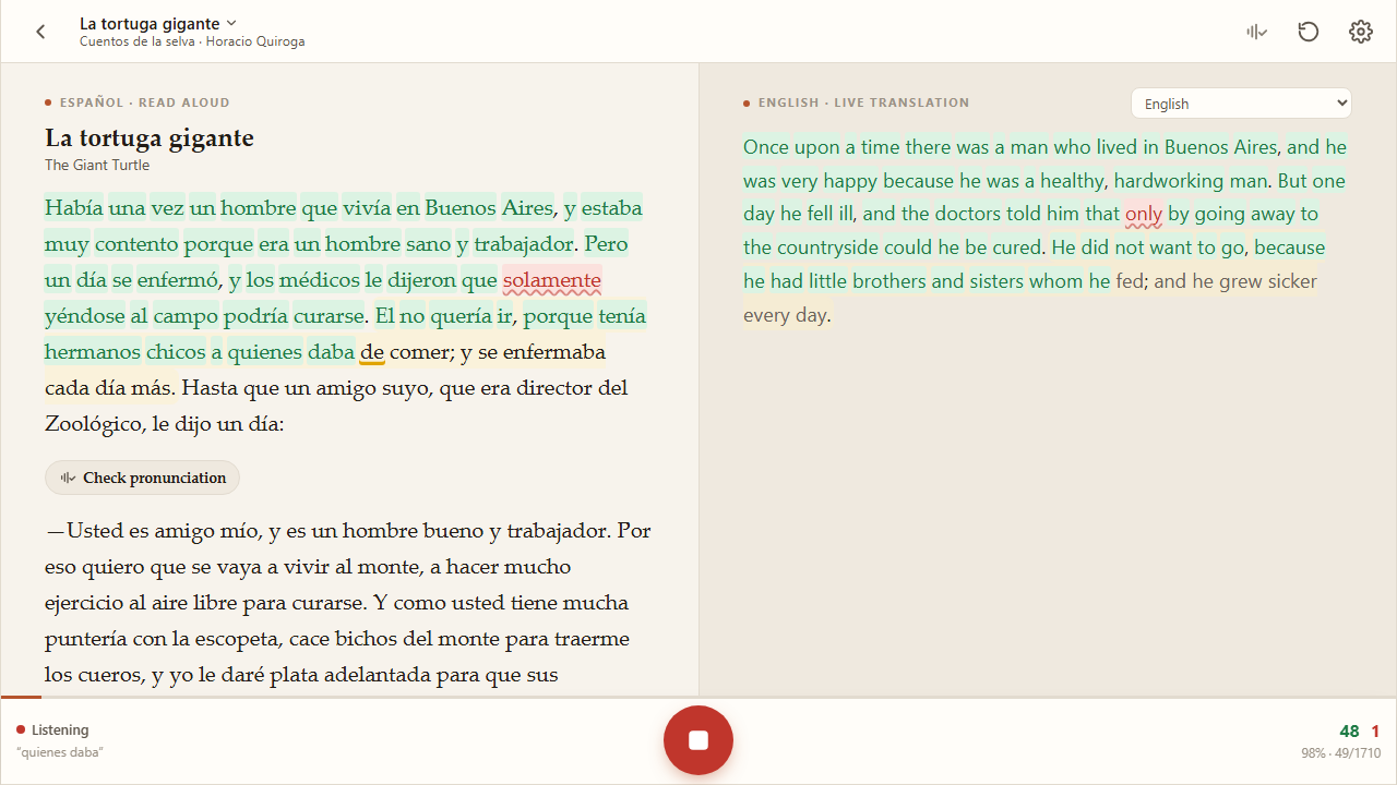 The reader: a Spanish chapter with words coloured green and one red, the English translation beside it